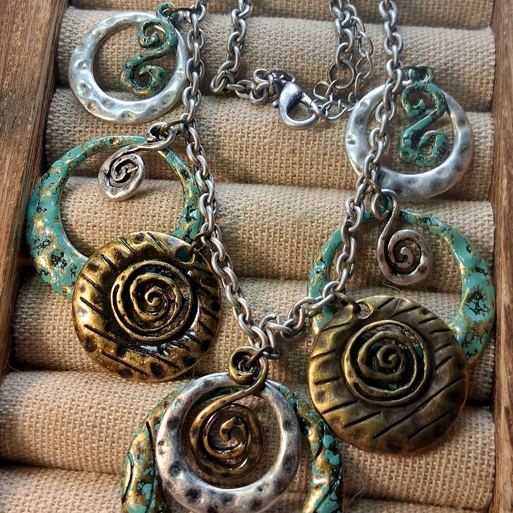 Mixed Metal Spiral Pendant Necklace in Turquoise and Antique Gold